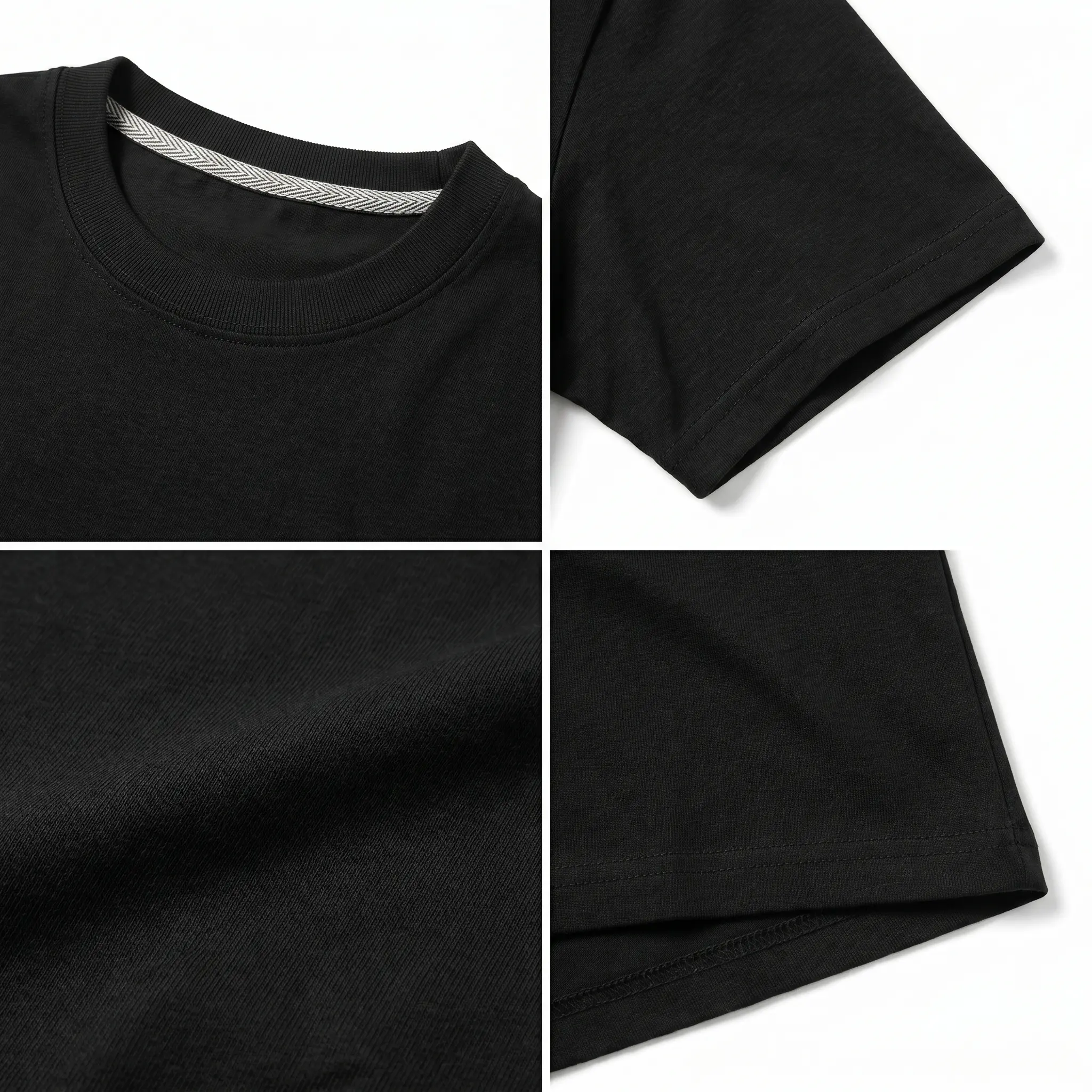 Detalhes da gola, manga, tecido e barra da camiseta preta